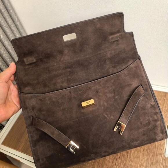 Auth Tory Burch Large Lee Radziwill Suede Shoulder Bag Dark Cocoa - Picture 4 of 9